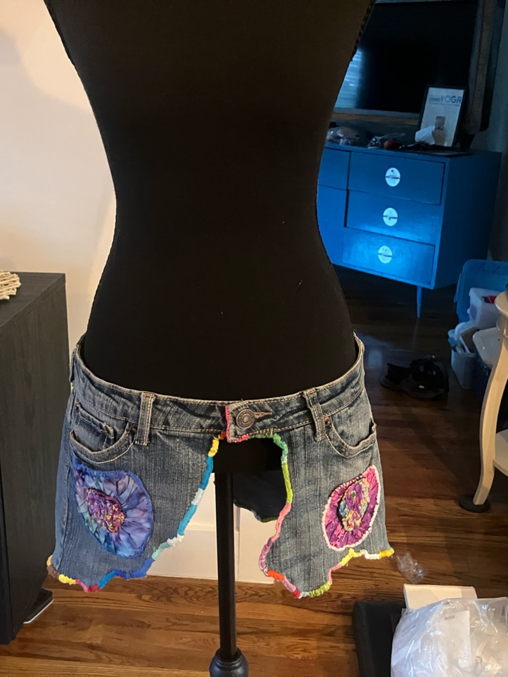 Boho Denim Cutoff Shorts with Multicolor Crochet Trim - Blue